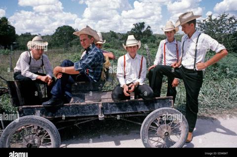 Young Menonite men on their self made buggy